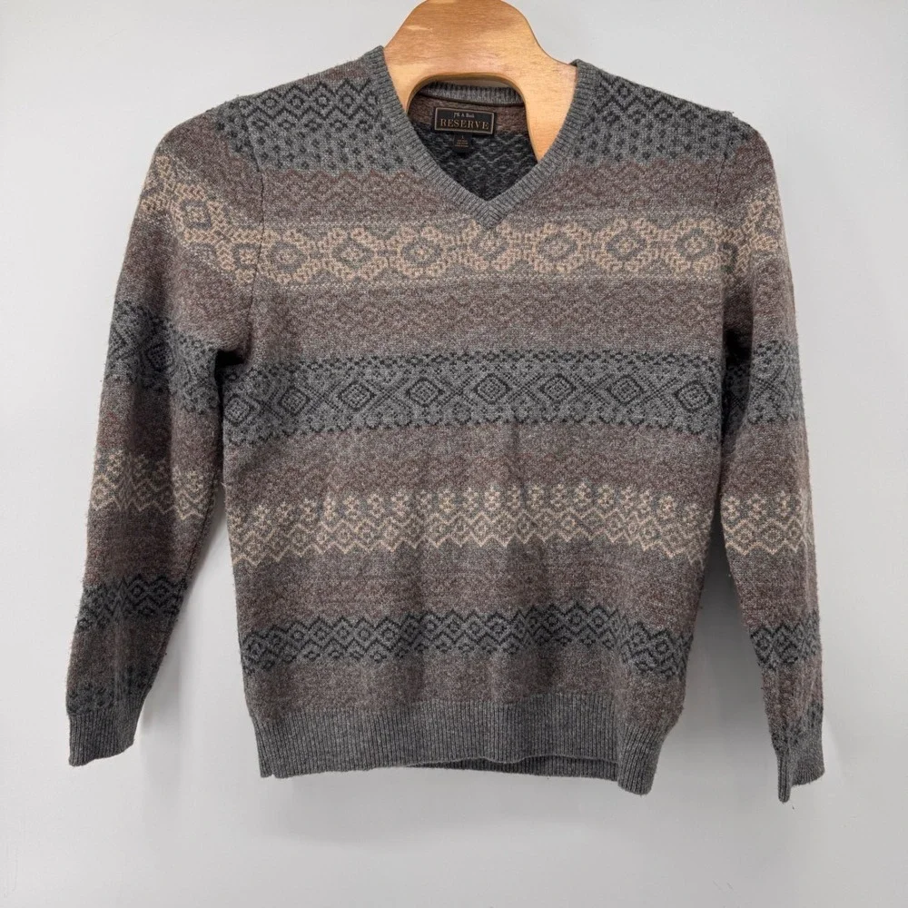 Jos A Bank Reserve Sweater Mens Large Grey Fair Isle Wool V-Neck 9248